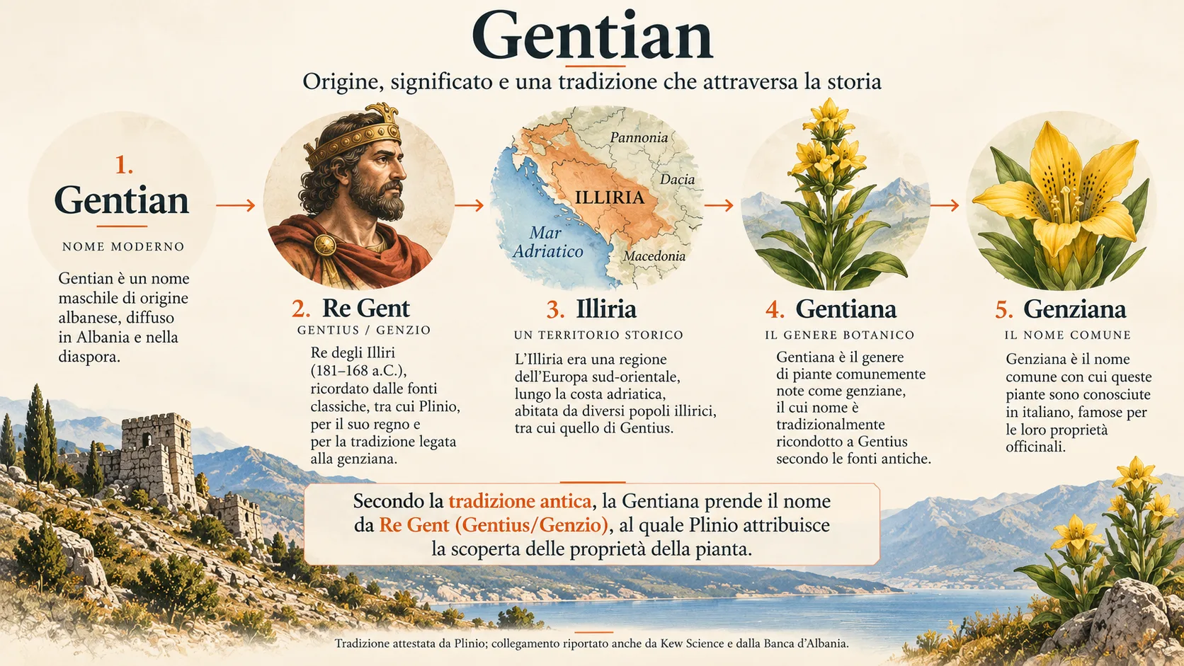 Infografica sull'origine del nome Gentian: Re Gent o Gentius, Illiria, Gentiana e genziana