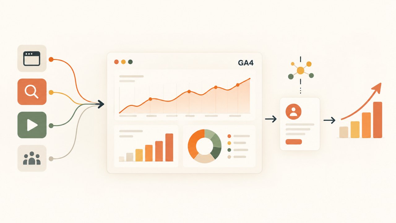 Google Analytics 4 con flusso da traffico ed eventi a lead, conversioni e crescita
