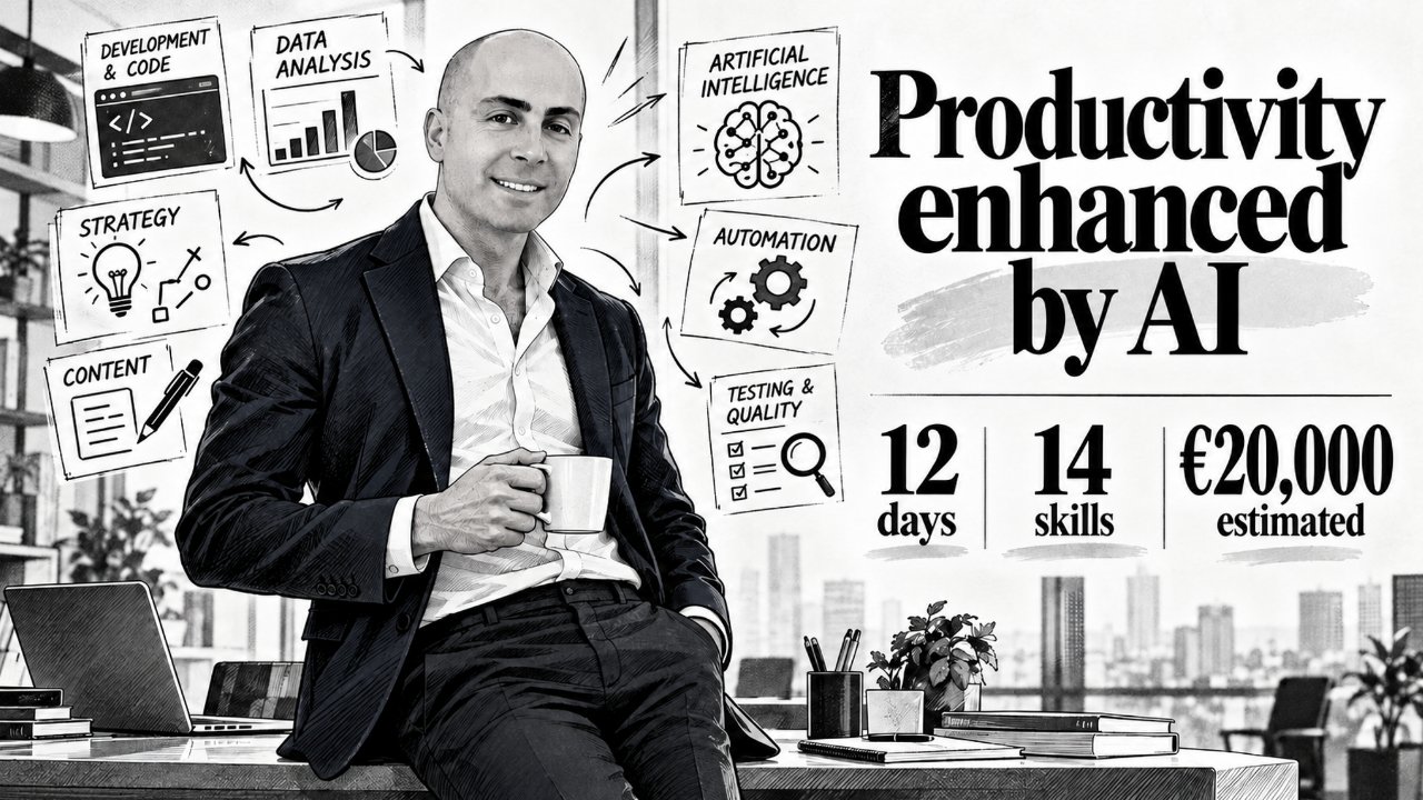 Illustration of Gentian Hajdaraj about AI-enhanced productivity: 12 days, 14 skills, and an estimated value of €20,000